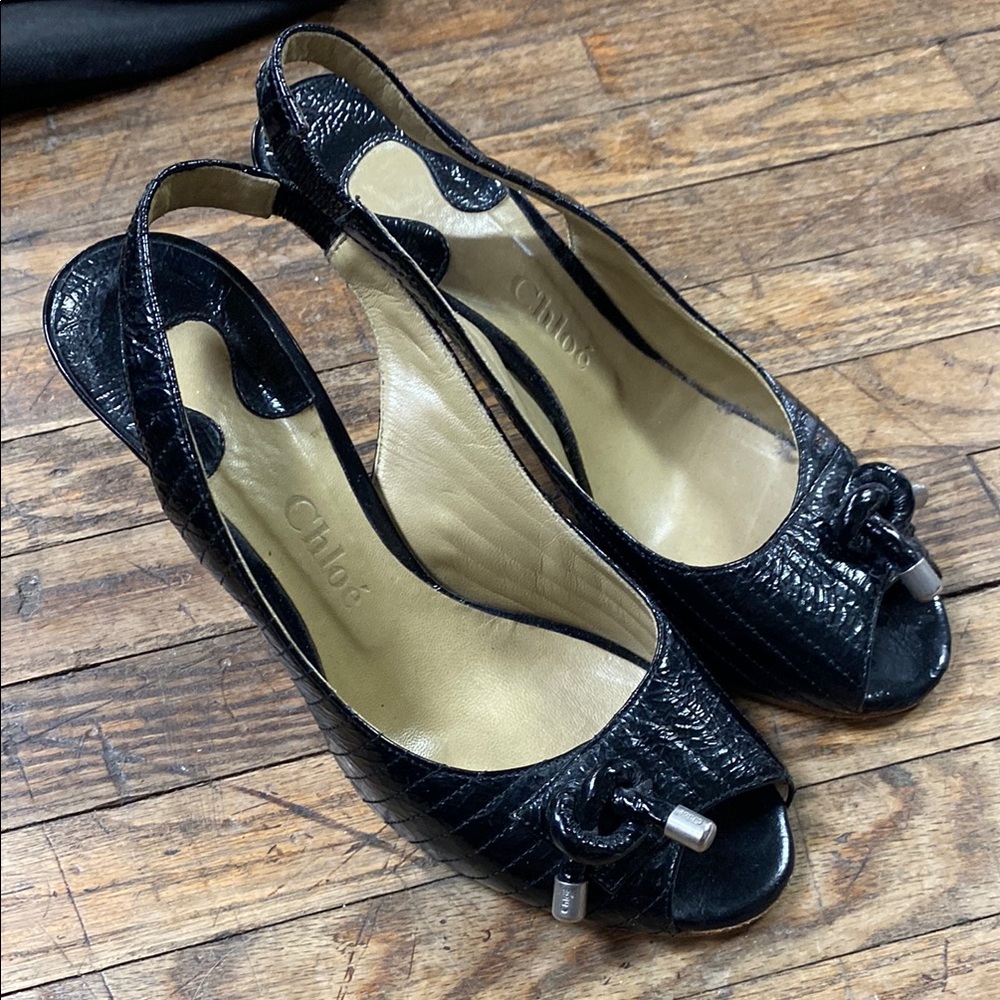 Chloe Black Textured Peep-Toe Heels